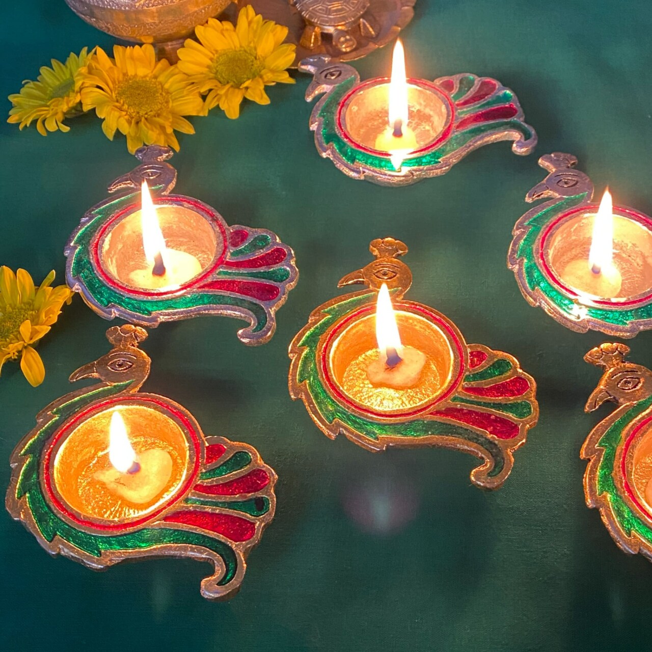 Peacock Deepam Brass Finish Diya Pack of 2 Samai Deepak Oil Lamp Indian Festival Diwali Diya Hindu Puja Religious Home Decor Pooja Lamp Indian Housewarming Wedding - Corporate Return Gift